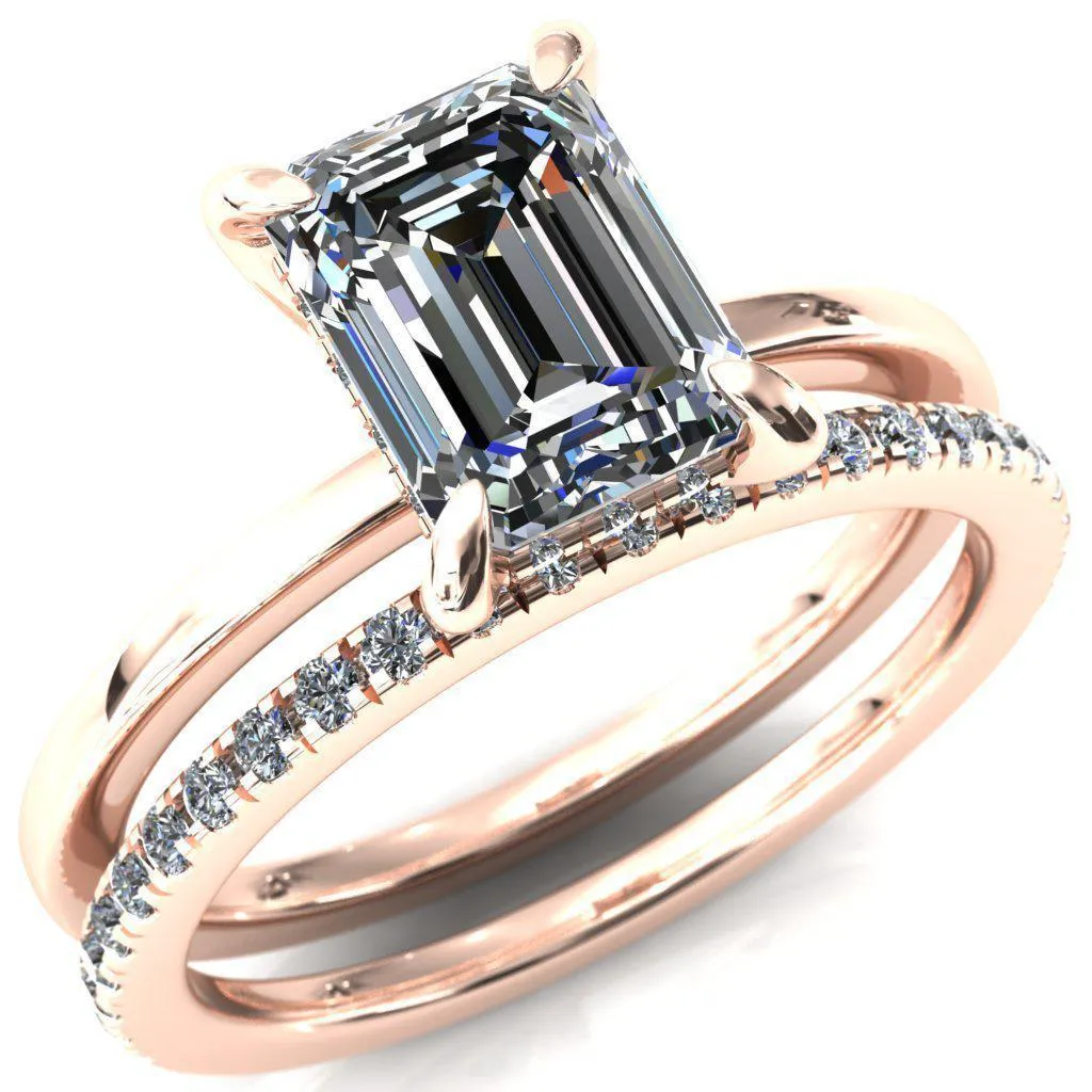 Carmeli Emerald Moissanite 4 Claw Prong Micro Pave Diamond Rail Engagement Ring