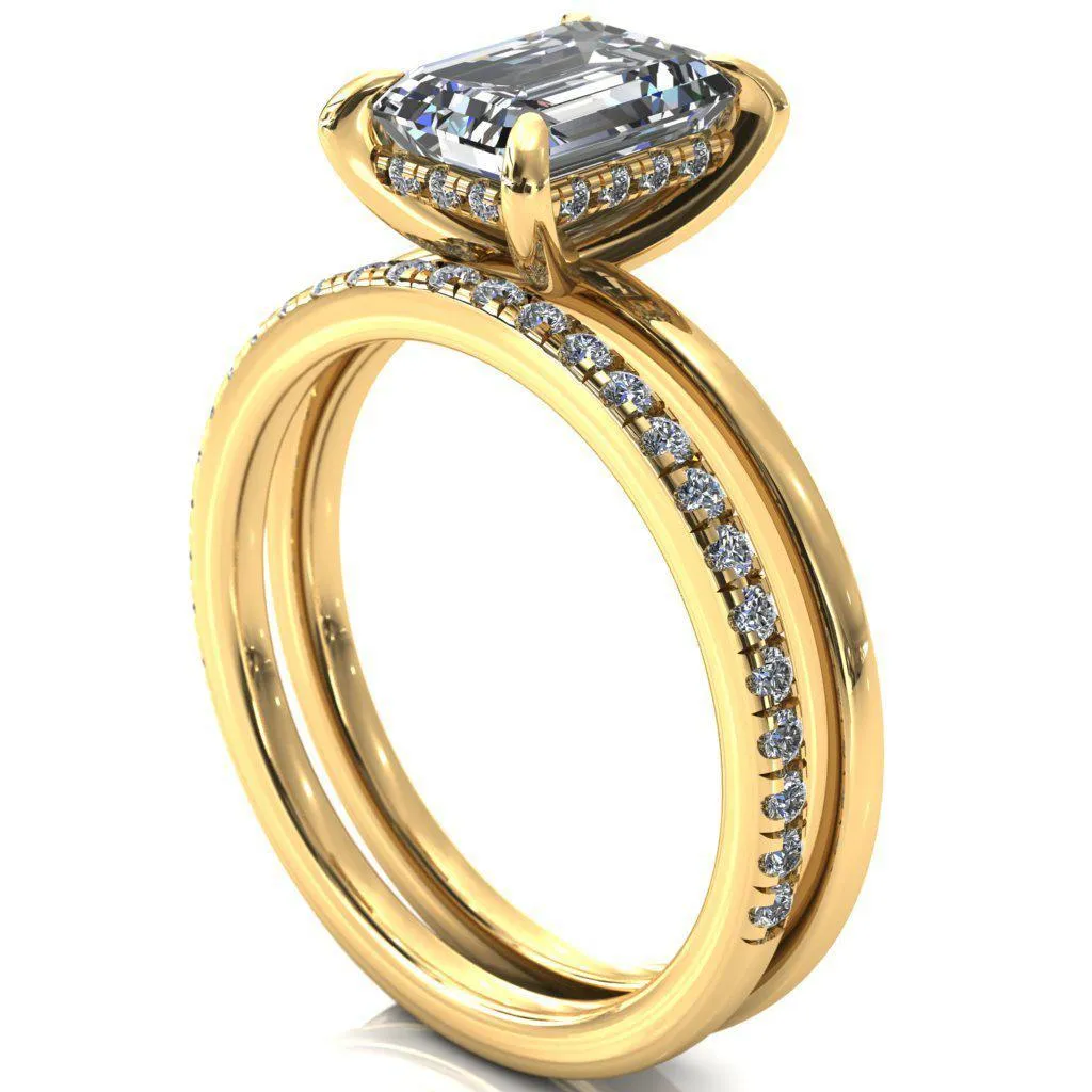 Carmeli Emerald Moissanite 4 Claw Prong Micro Pave Diamond Rail Engagement Ring
