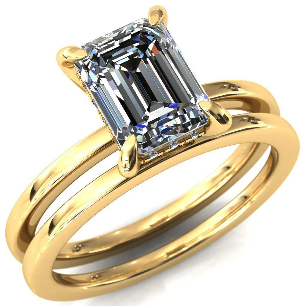 Carmeli Emerald Moissanite 4 Claw Prong Micro Pave Diamond Rail Engagement Ring