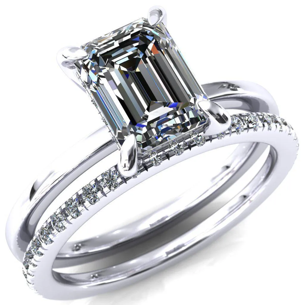 Carmeli Emerald Moissanite 4 Claw Prong Micro Pave Diamond Rail Engagement Ring