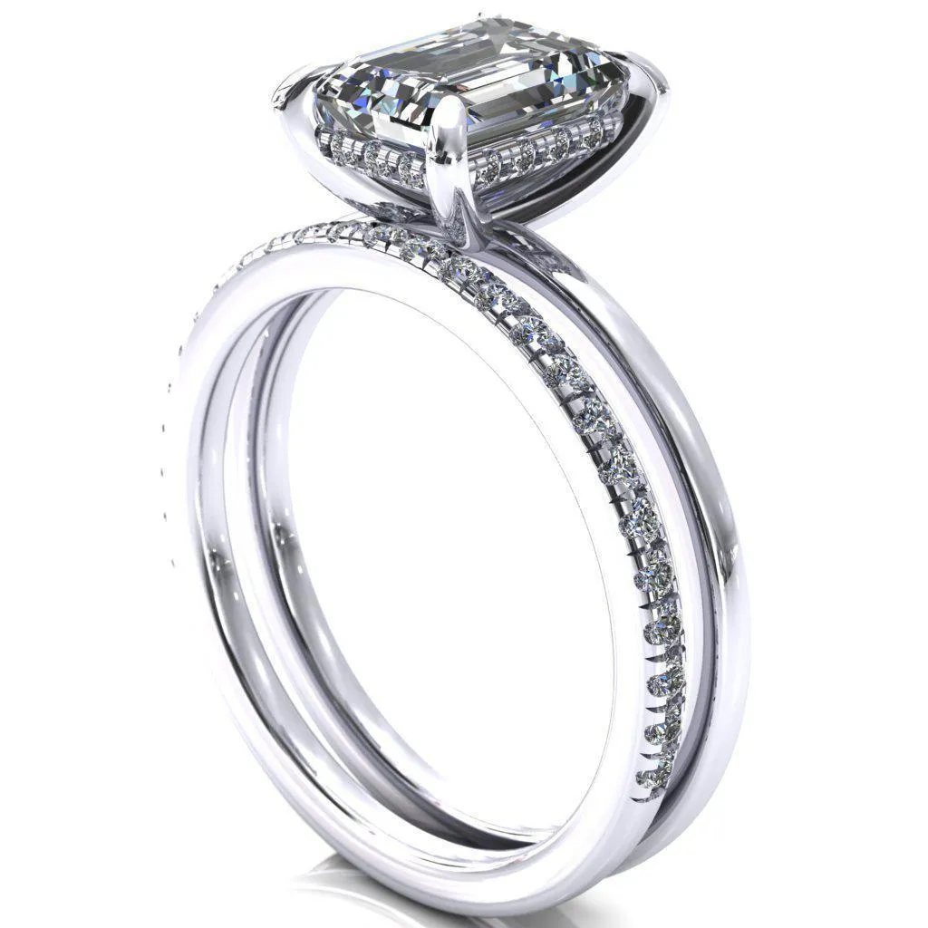 Carmeli Emerald Moissanite 4 Claw Prong Micro Pave Diamond Rail Engagement Ring