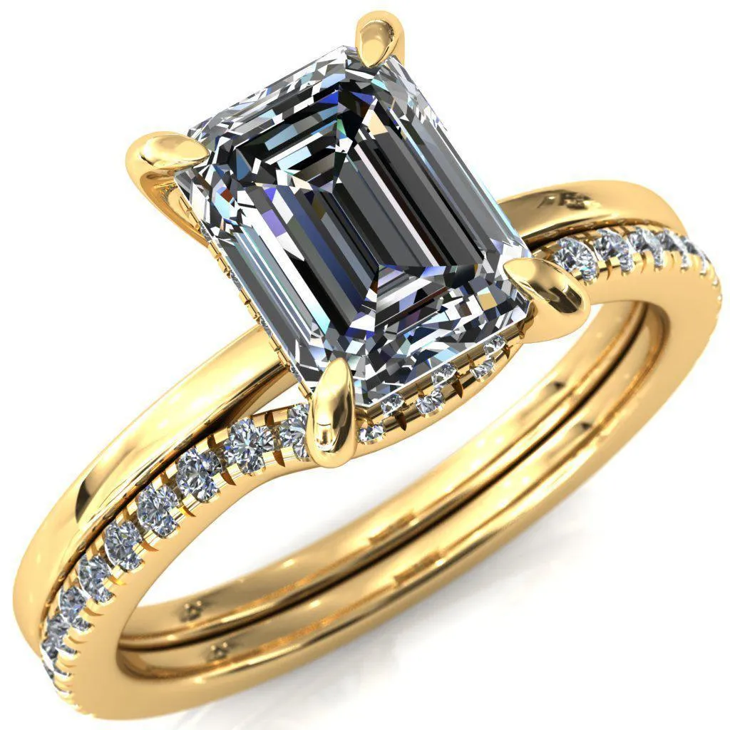 Carmeli Emerald Moissanite 4 Claw Prong Micro Pave Diamond Rail Engagement Ring