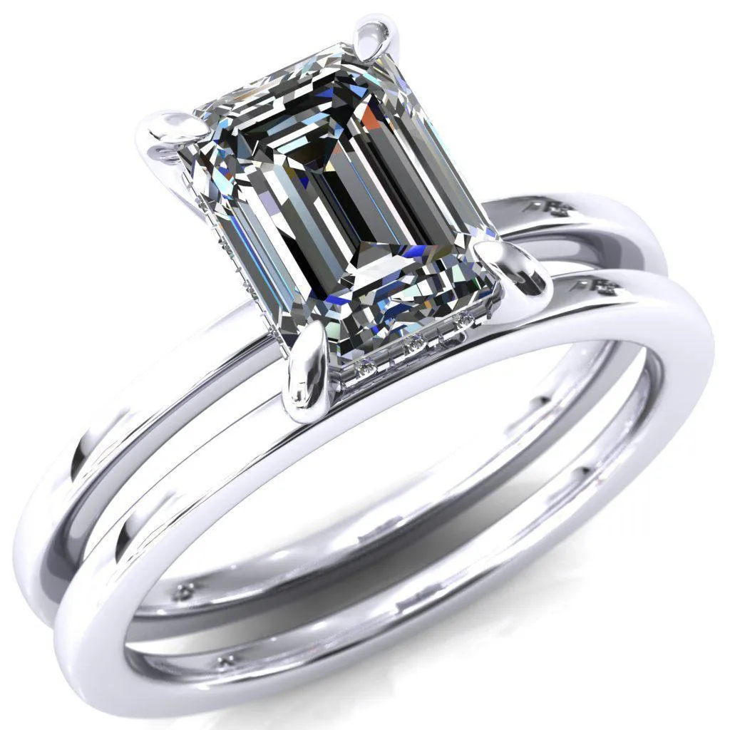 Carmeli Emerald Moissanite 4 Claw Prong Micro Pave Diamond Rail Engagement Ring