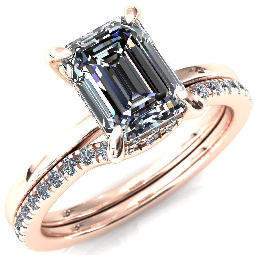 Carmeli Emerald Moissanite 4 Claw Prong Micro Pave Diamond Rail Engagement Ring
