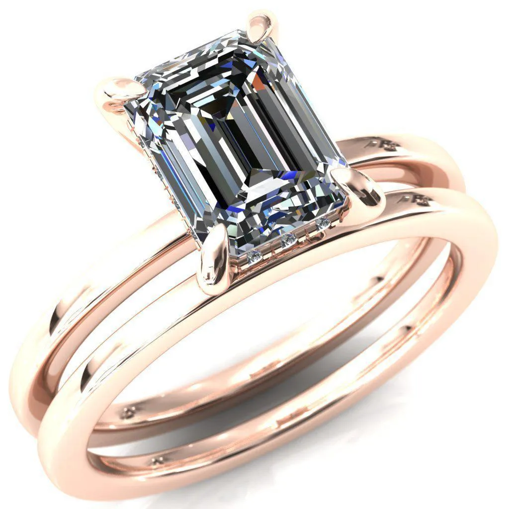 Carmeli Emerald Moissanite 4 Claw Prong Micro Pave Diamond Rail Engagement Ring