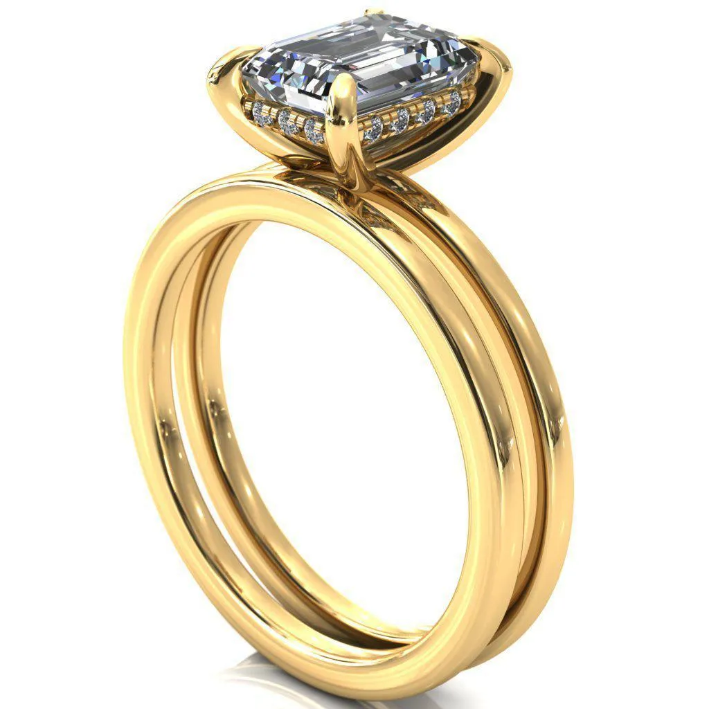 Carmeli Emerald Moissanite 4 Claw Prong Micro Pave Diamond Rail Engagement Ring
