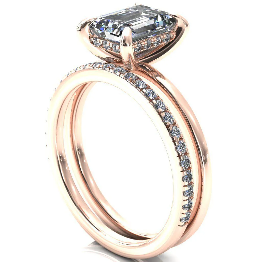 Carmeli Emerald Moissanite 4 Claw Prong Micro Pave Diamond Rail Engagement Ring