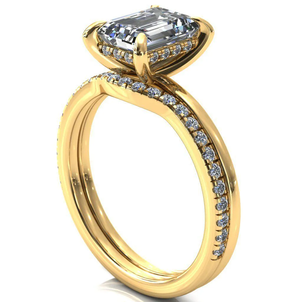 Carmeli Emerald Moissanite 4 Claw Prong Micro Pave Diamond Rail Engagement Ring