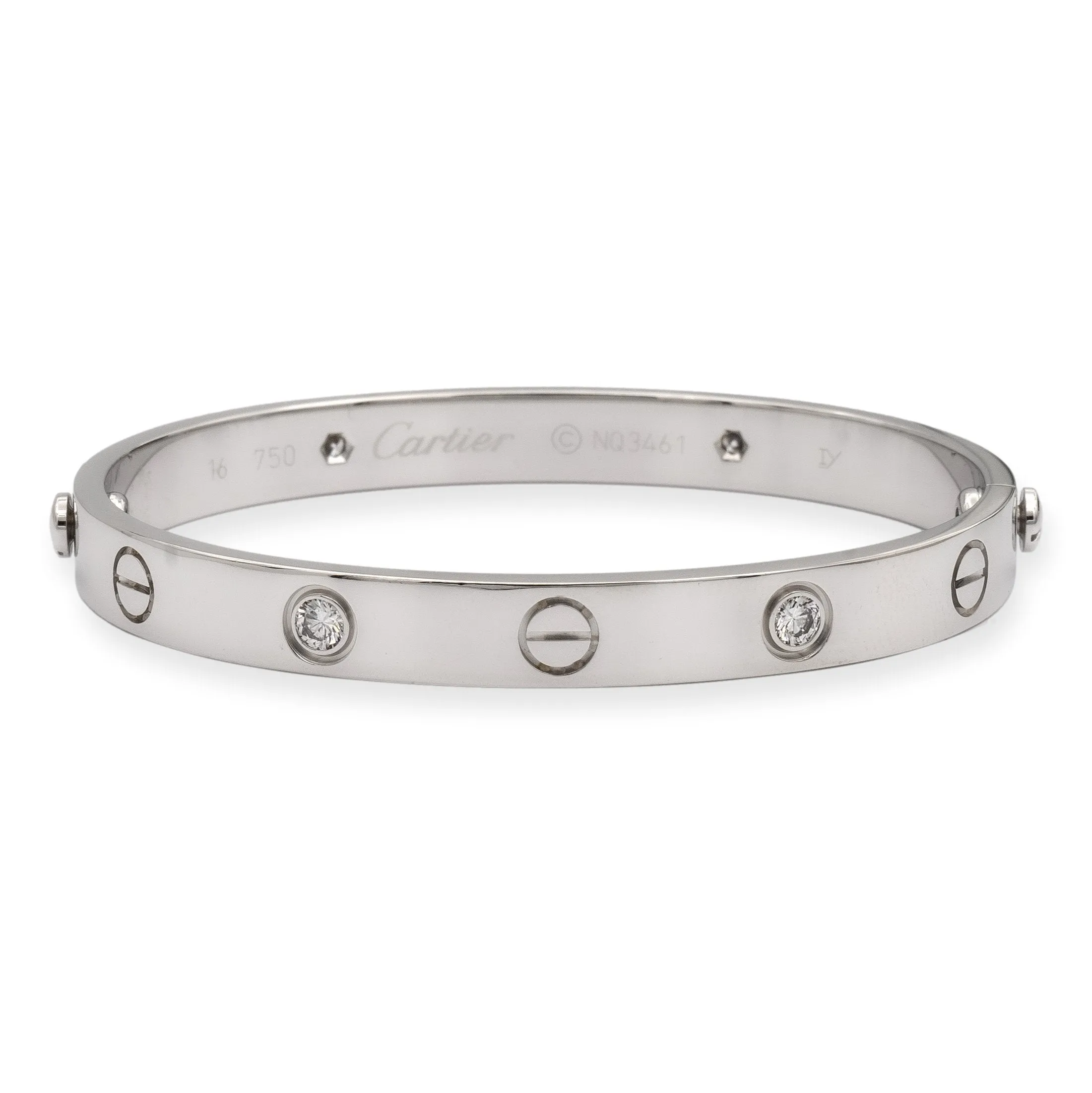 Cartier 18K White Gold Love Bracelet Bangle 4 Diamonds Size 16