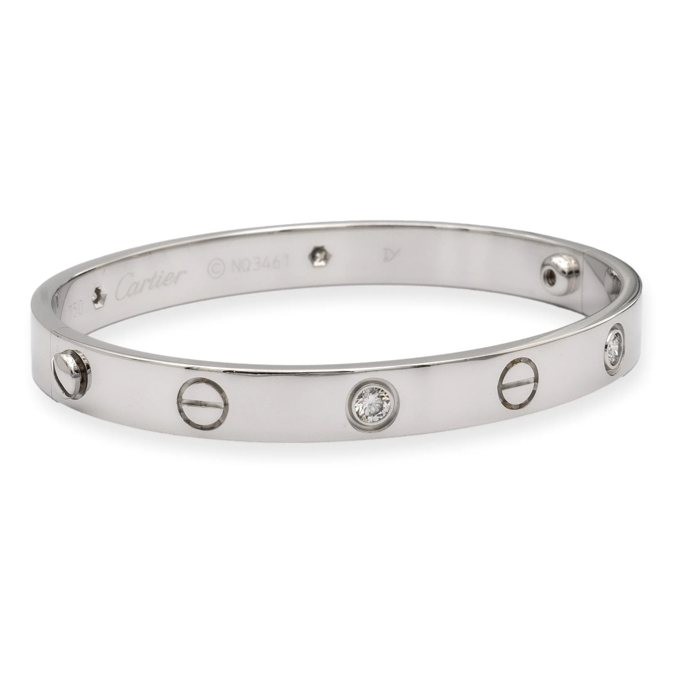 Cartier 18K White Gold Love Bracelet Bangle 4 Diamonds Size 16