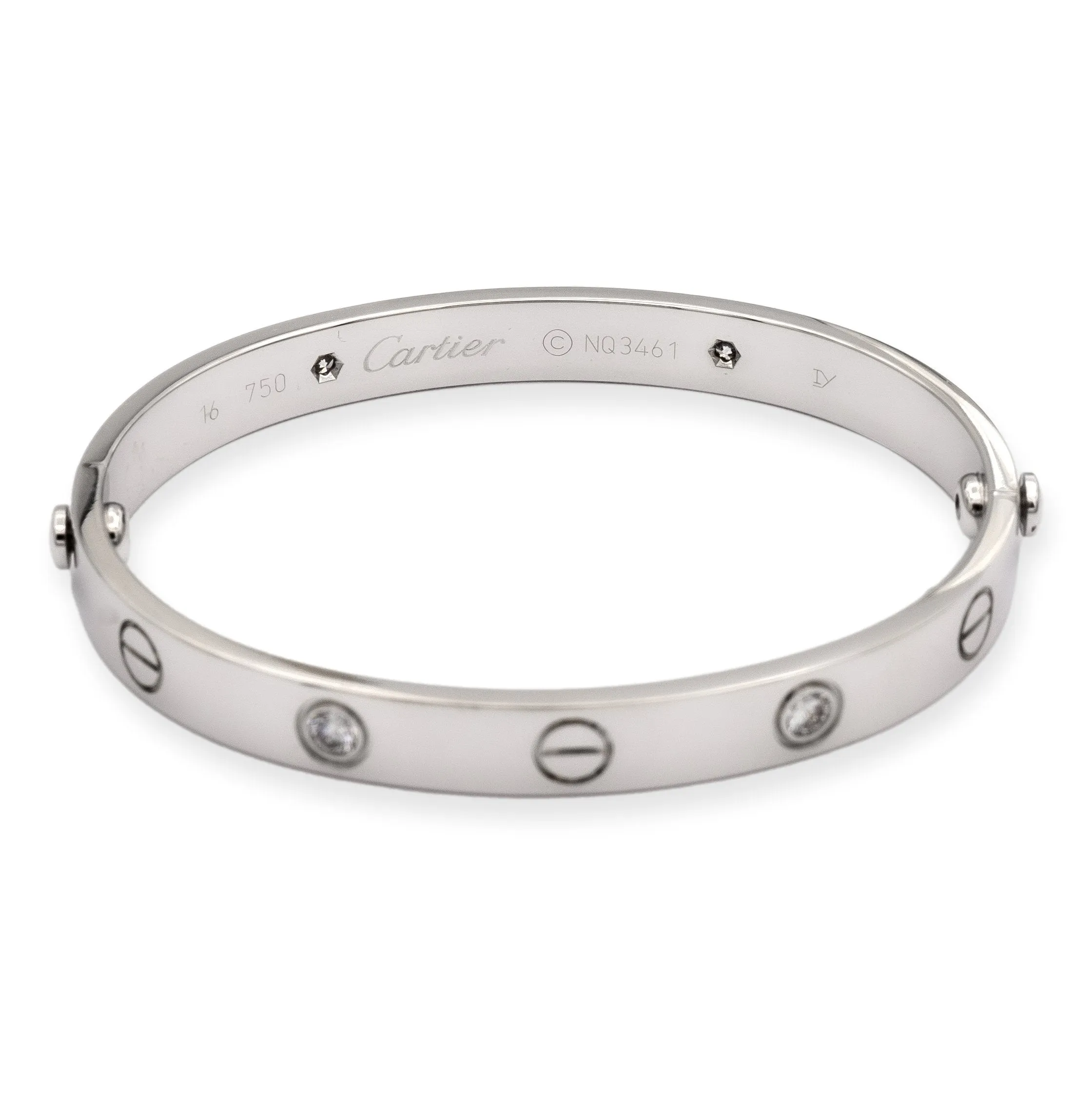 Cartier 18K White Gold Love Bracelet Bangle 4 Diamonds Size 16