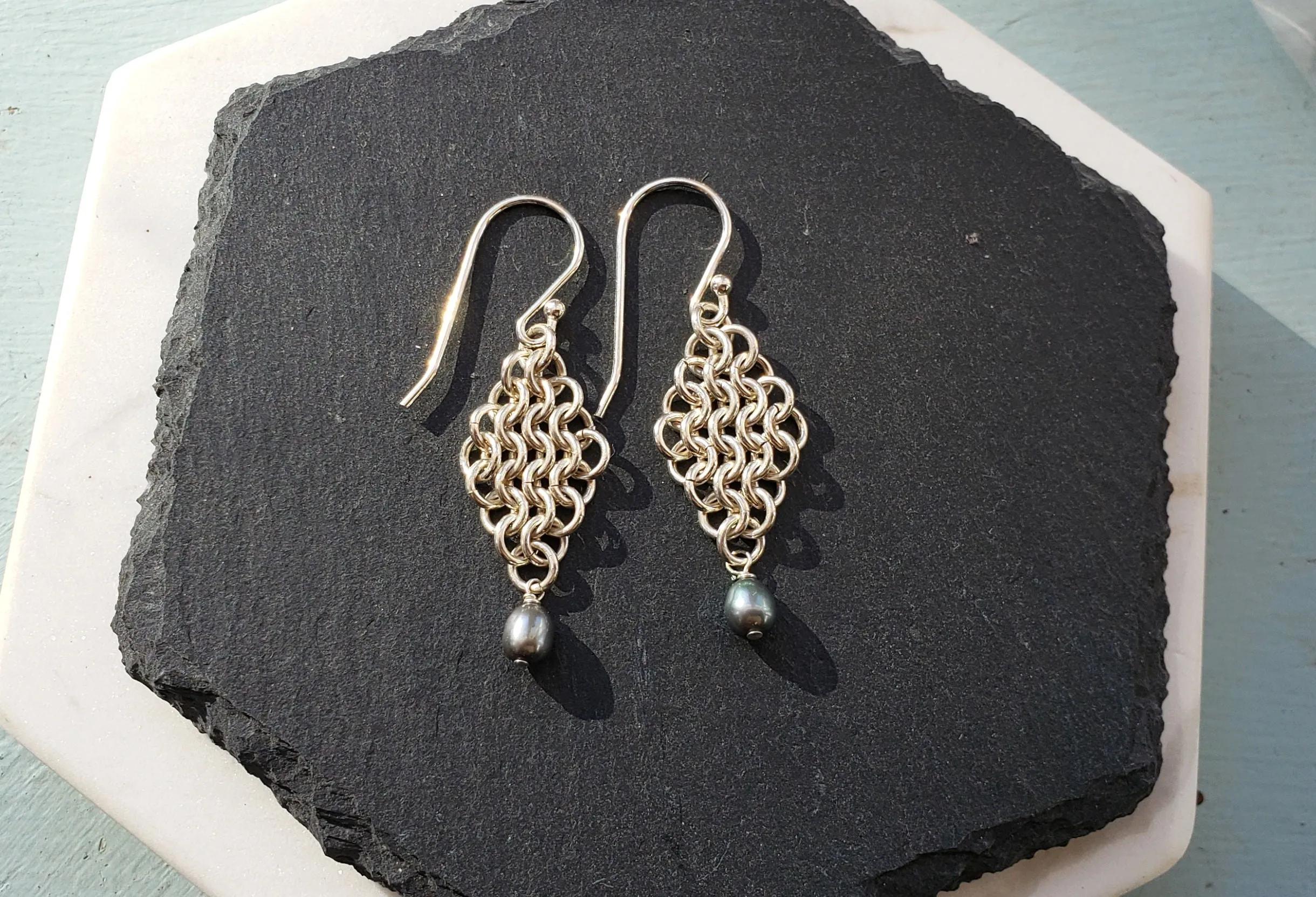 Chain Maille Earrings with Pearl