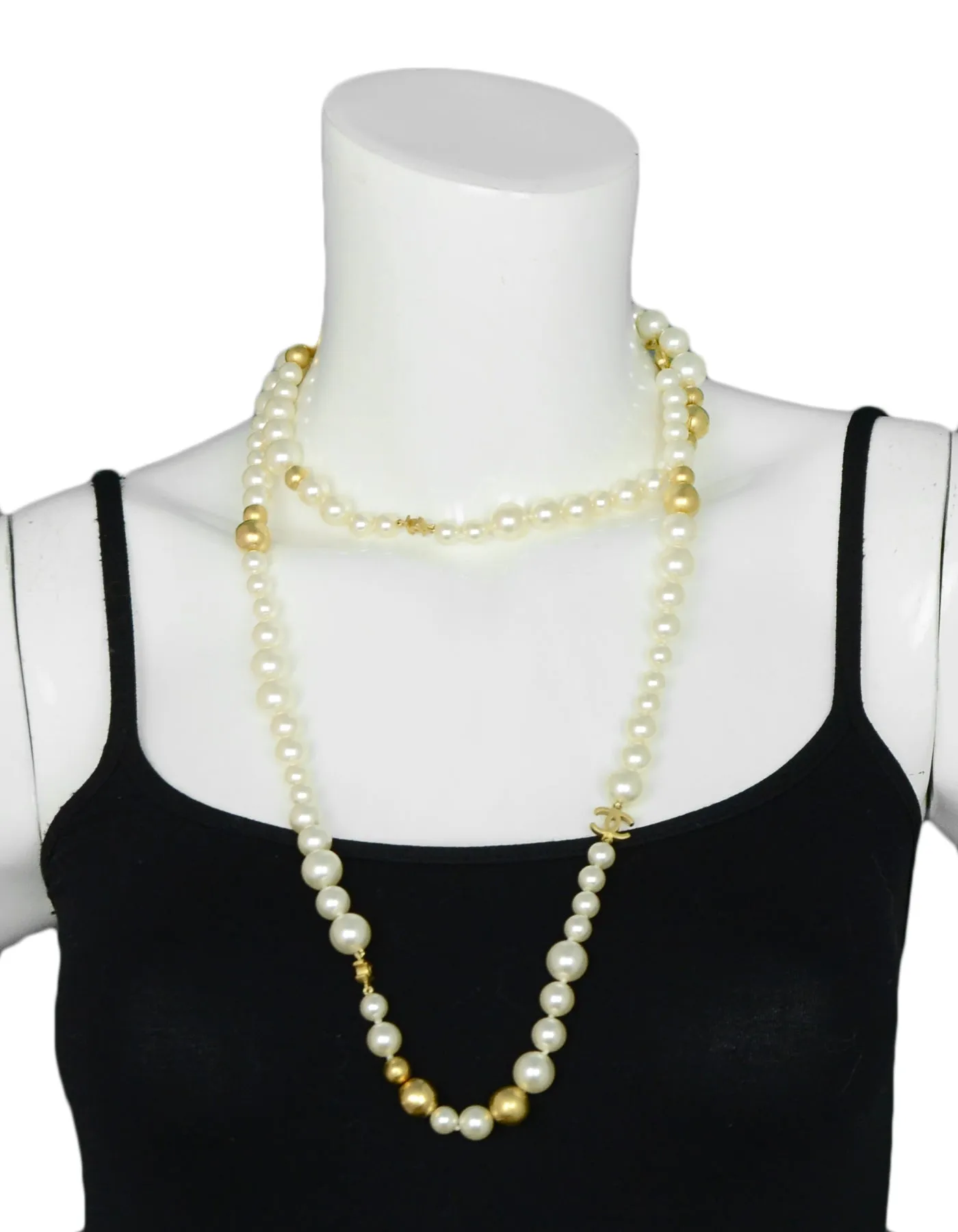 Chanel '07 Ivory/Gold Faux Pearl and Gold Bead CC 46" Necklace