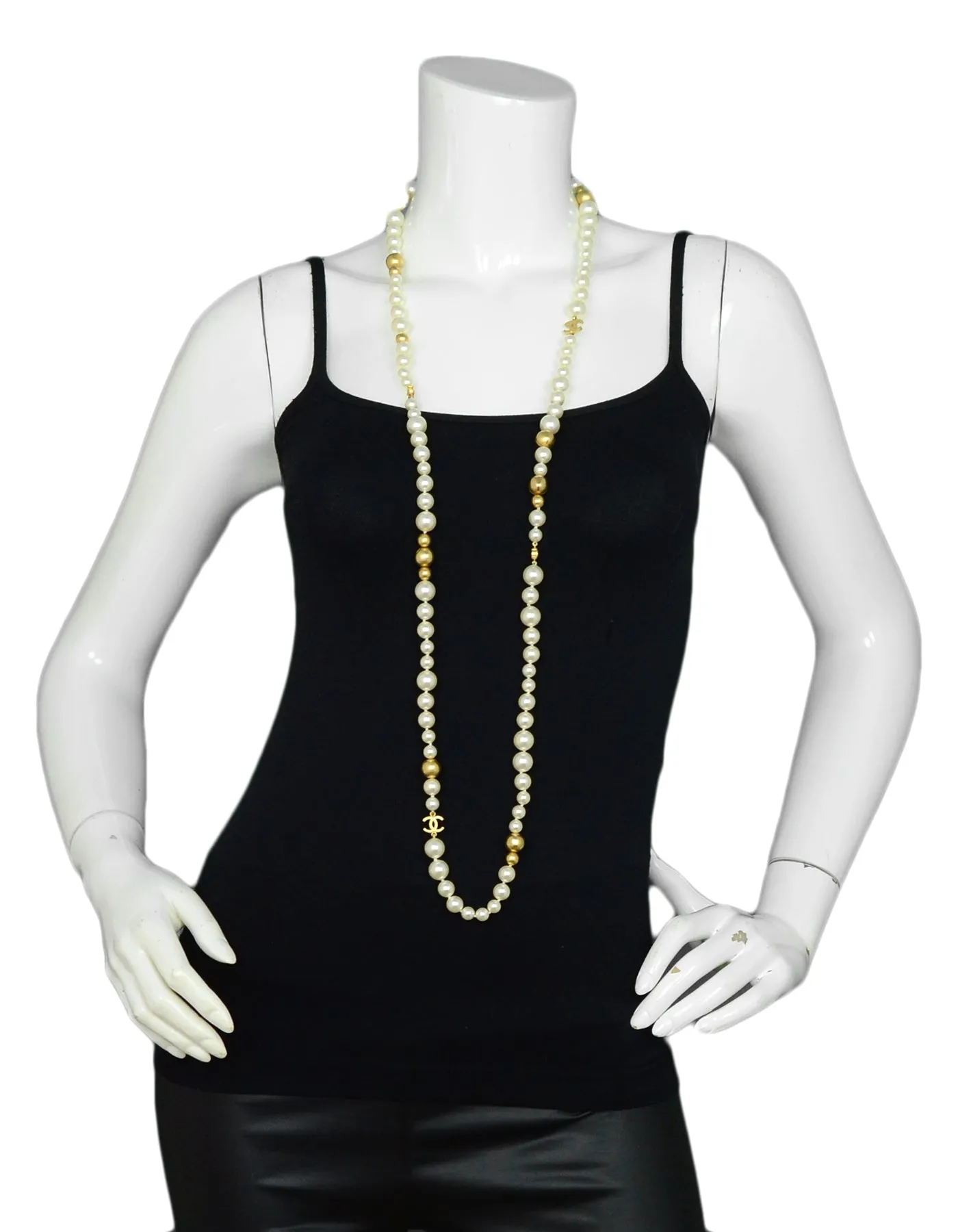 Chanel '07 Ivory/Gold Faux Pearl and Gold Bead CC 46" Necklace