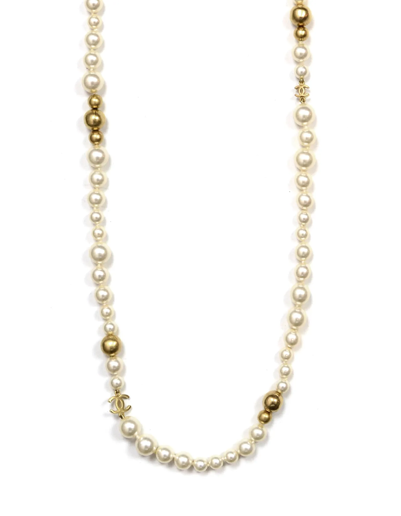Chanel '07 Ivory/Gold Faux Pearl and Gold Bead CC 46" Necklace