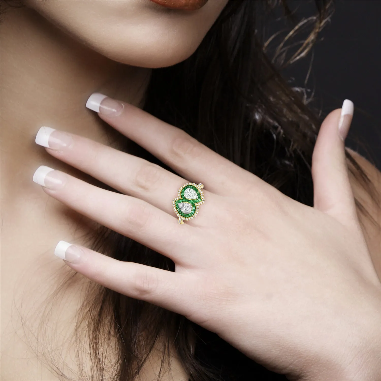 Channel Set Emerald Pave Diamond In 18k Yellow Gold Designer Ring