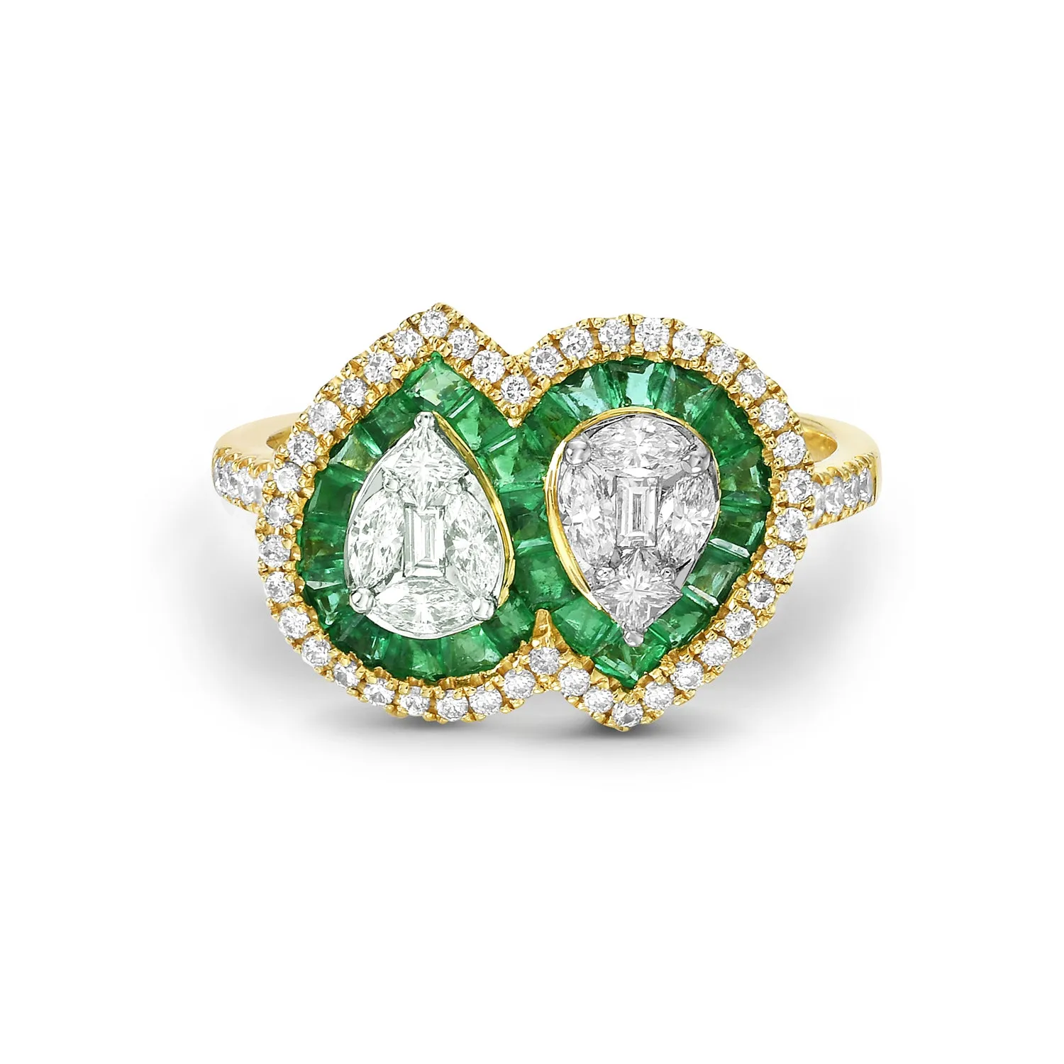 Channel Set Emerald Pave Diamond In 18k Yellow Gold Designer Ring