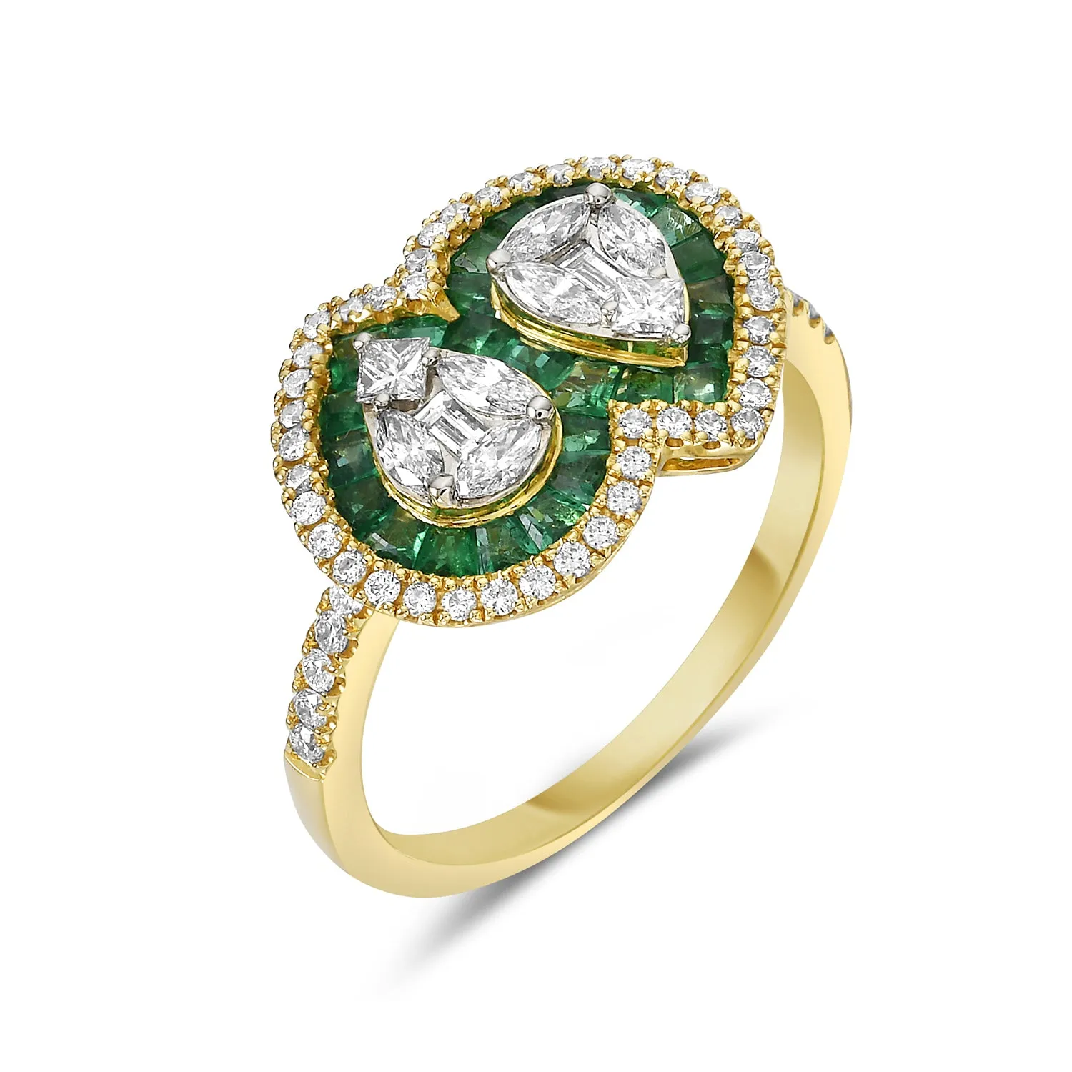 Channel Set Emerald Pave Diamond In 18k Yellow Gold Designer Ring