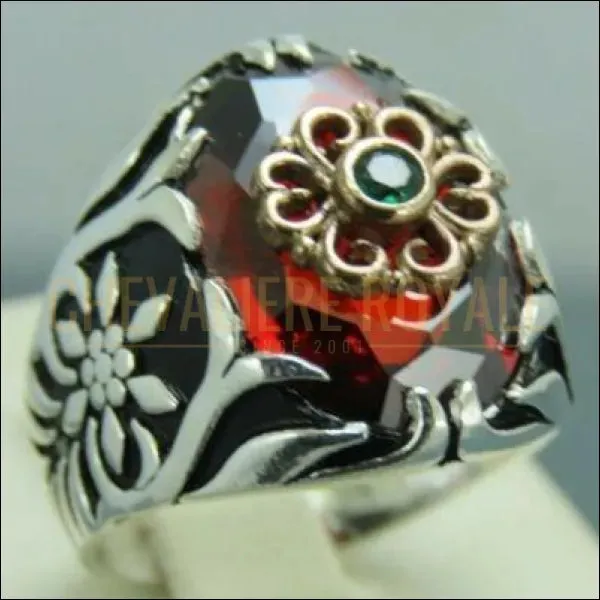 Chevalière homme argent pierre zircon rouge conception de la fleur