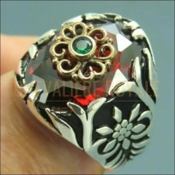 Chevalière homme argent pierre zircon rouge conception de la fleur