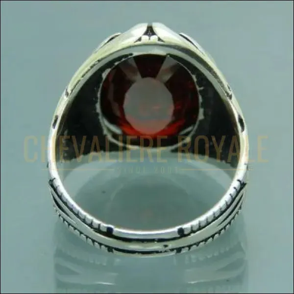 Chevalière homme argent pierre zircon rouge conception de la fleur