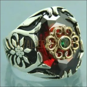 Chevalière homme argent pierre zircon rouge conception de la fleur