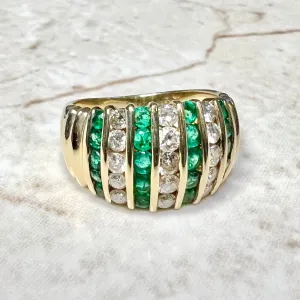 Chunky Vintage 14 Karat Yellow Gold Natural Emerald & Diamond Cocktail Ring