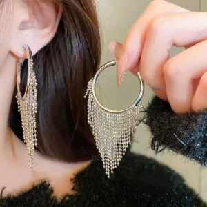 Circle Tassel Triangle Hoop Earrings - Silver or Black