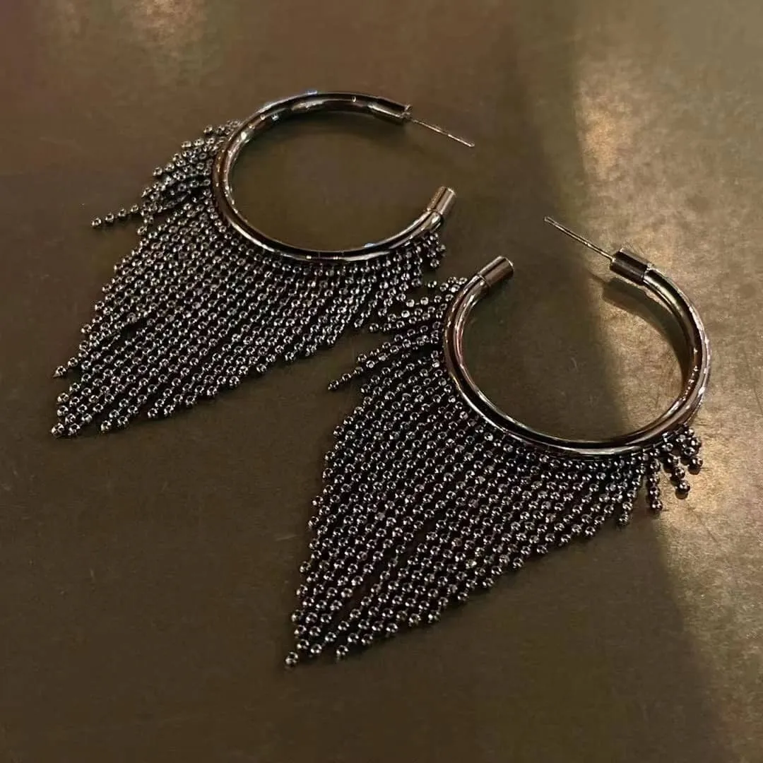 Circle Tassel Triangle Hoop Earrings - Silver or Black
