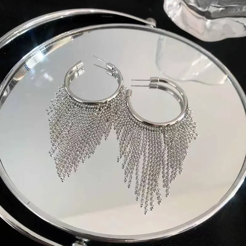Circle Tassel Triangle Hoop Earrings - Silver or Black