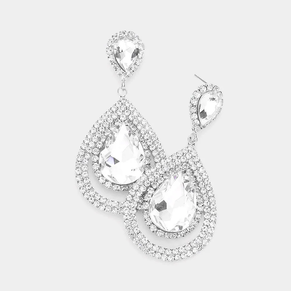 Clear Crystal Teardrop Stone Rhinestone Accented Dangle Earrings  | Pageant Earrings  | 526743