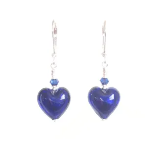 Cobalt Blue Murano Glass Heart Sterling Silver Earrings - Venetian Style Jewelry