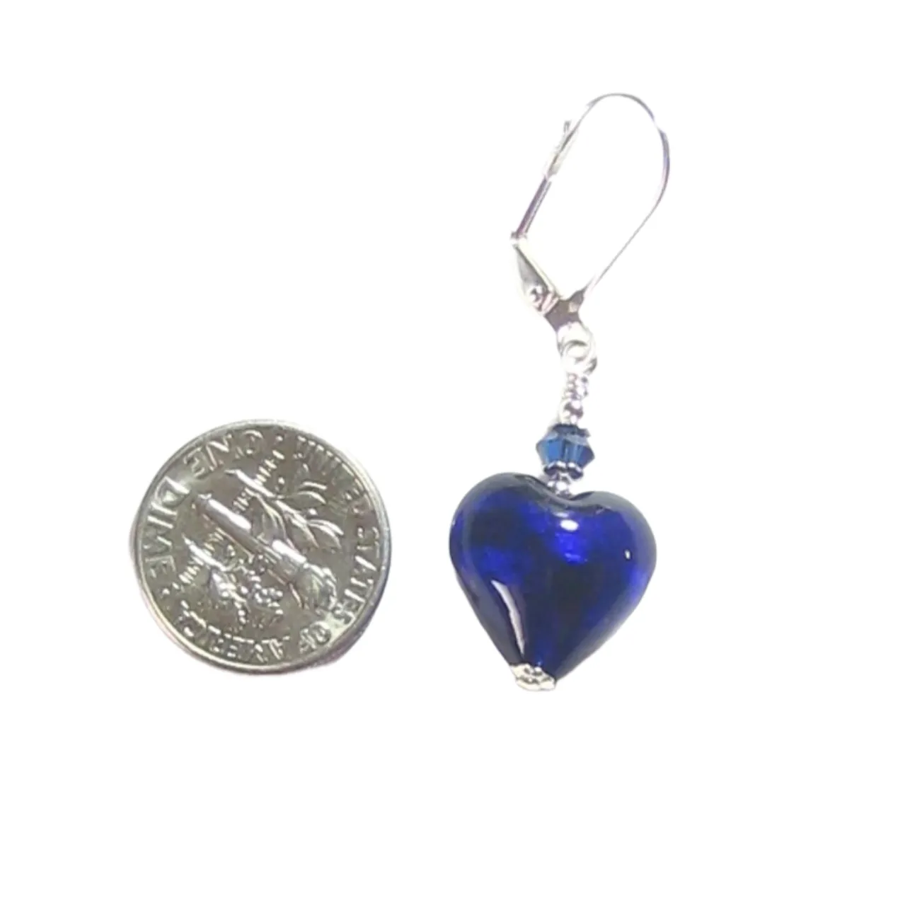 Cobalt Blue Murano Glass Heart Sterling Silver Earrings - Venetian Style Jewelry