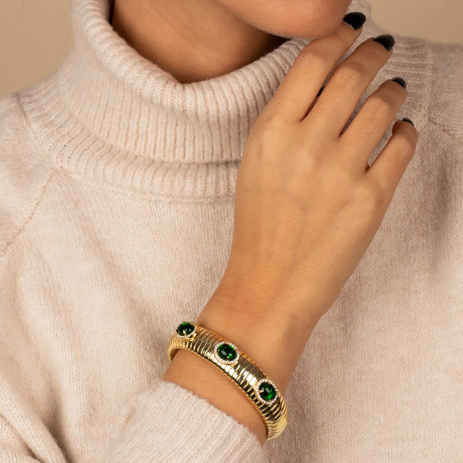 Colored Pave Triple Stone Wide Snake Bangle Bracelet