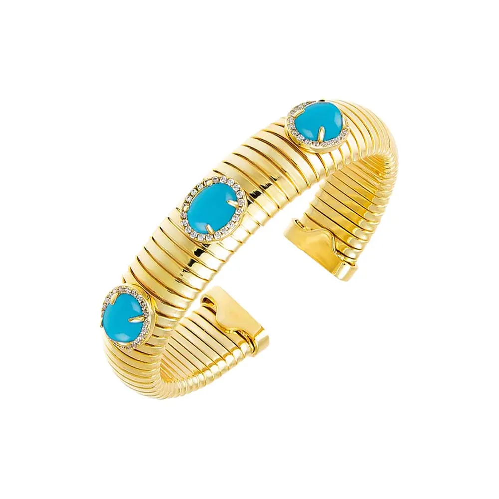 Colored Pave Triple Stone Wide Snake Bangle Bracelet