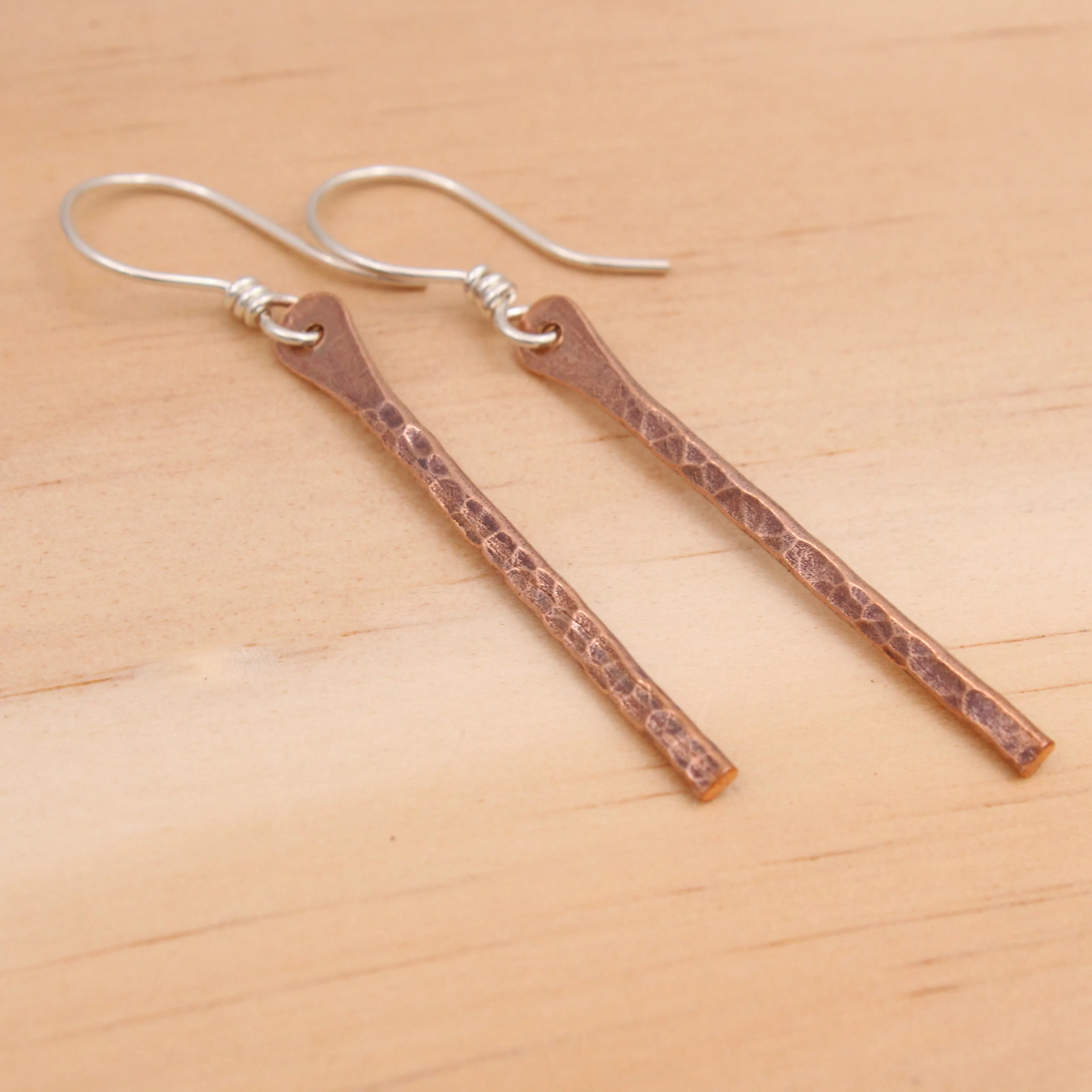 Copper Stick Dangle Earrings - Long - Hammered or Textured