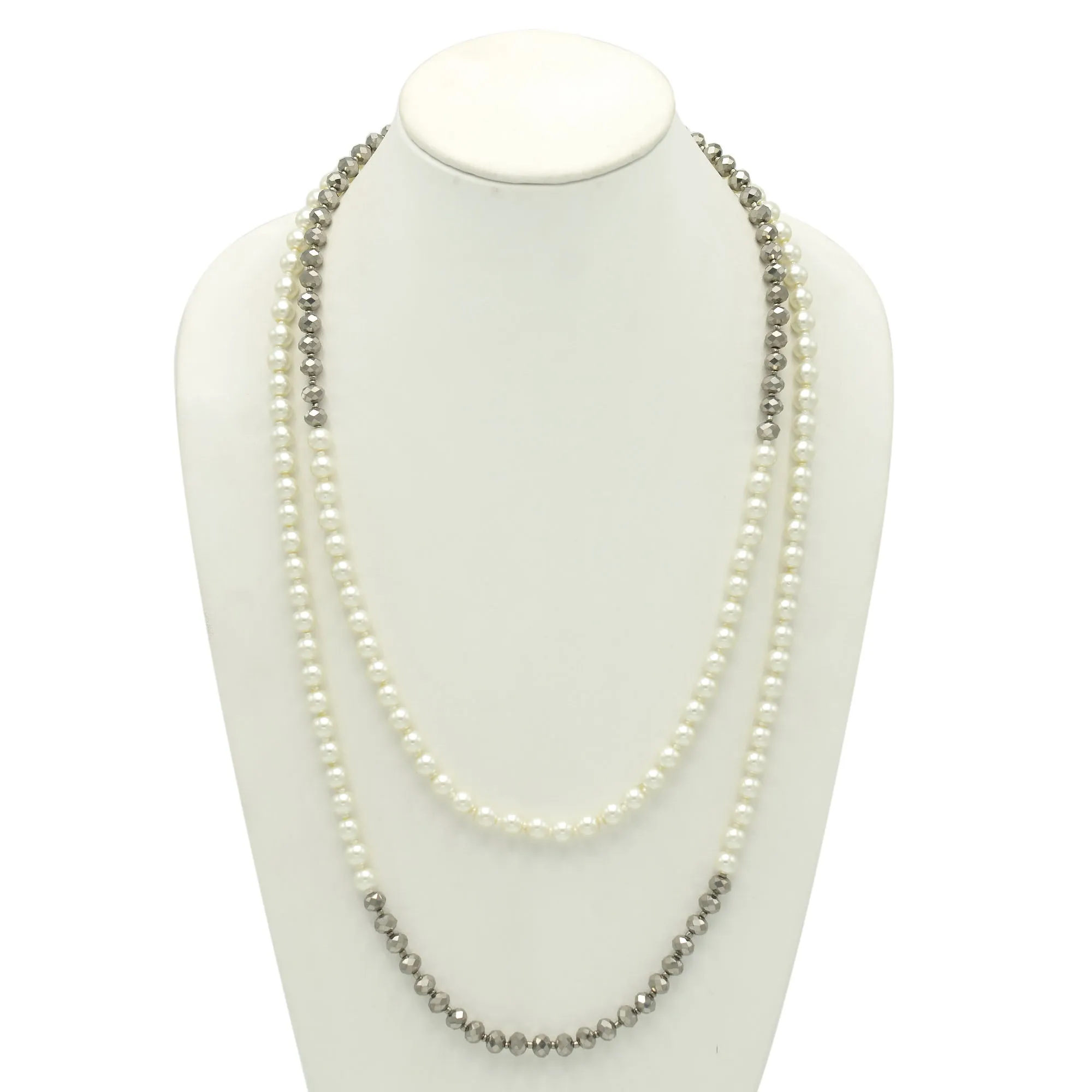 CREAM PEARL AND HEMATITE BEADS 60"INCHES LONG NECKLACE#HNN90733(MF5-6)