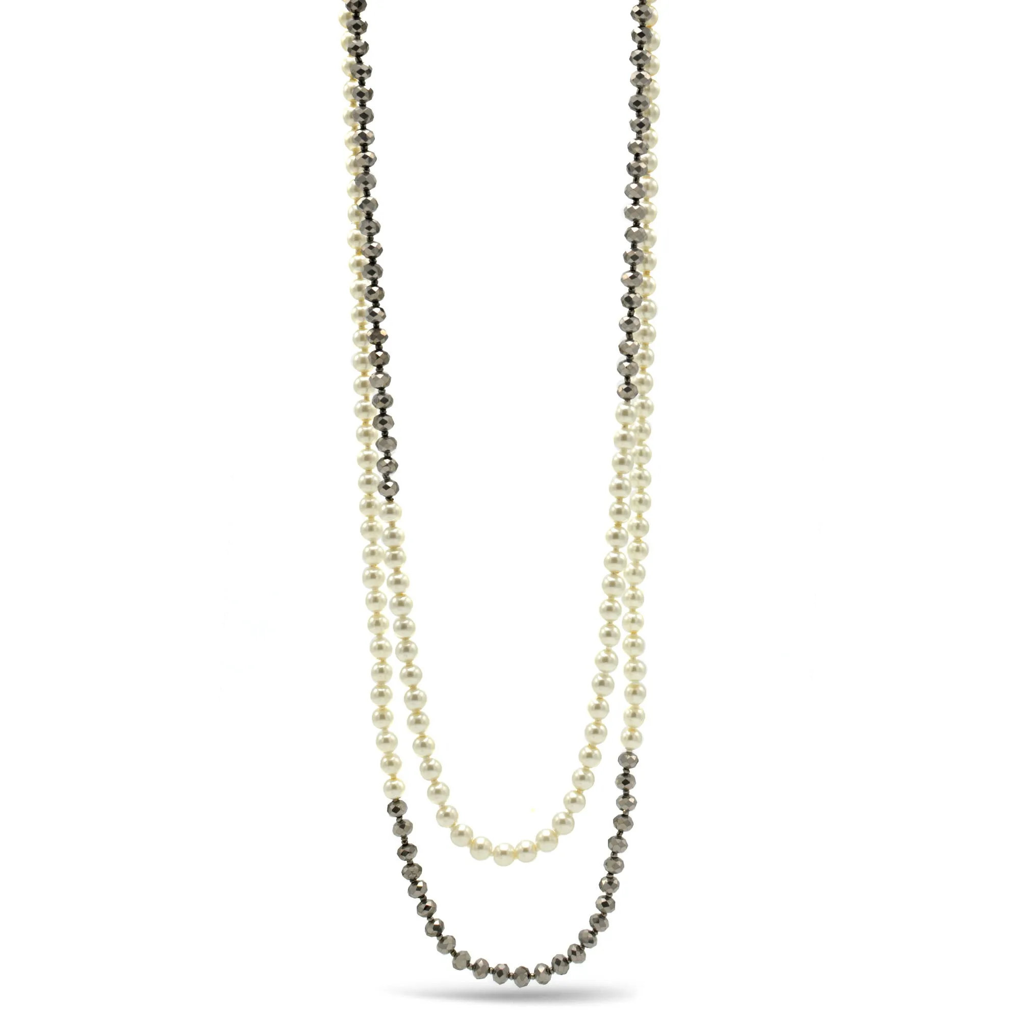 CREAM PEARL AND HEMATITE BEADS 60"INCHES LONG NECKLACE#HNN90733(MF5-6)
