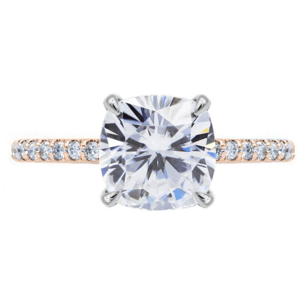 Cushion Moissanite 4 Claw Prongs Diamond Accent Ice Solitaire Ring