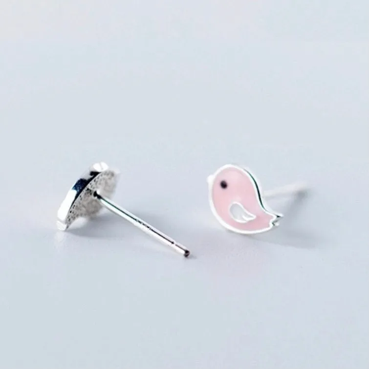 Cute Pink Small Birds Silver Studs Earrings-SS023