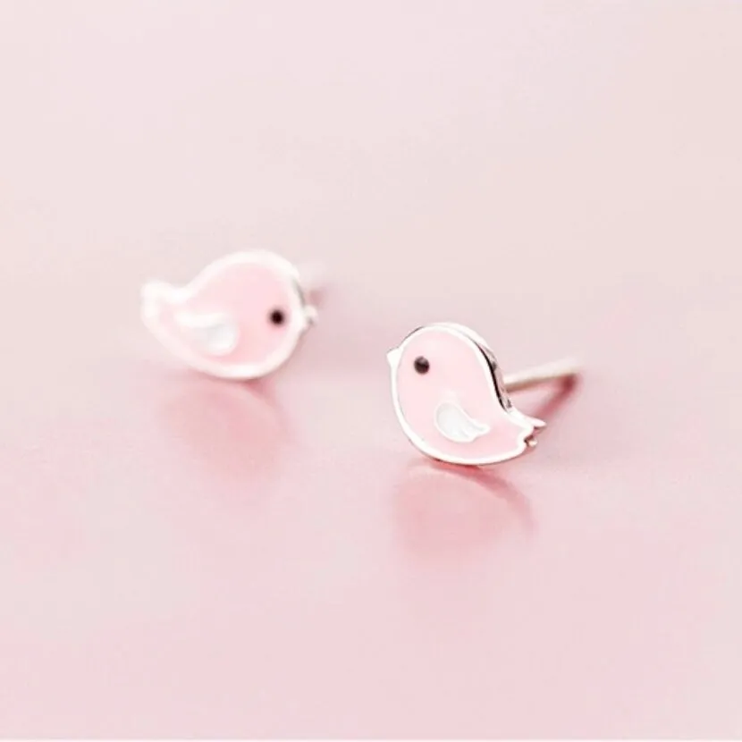 Cute Pink Small Birds Silver Studs Earrings-SS023
