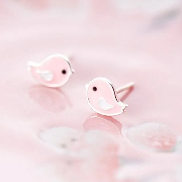Cute Pink Small Birds Silver Studs Earrings-SS023