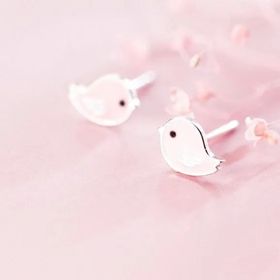 Cute Pink Small Birds Silver Studs Earrings-SS023