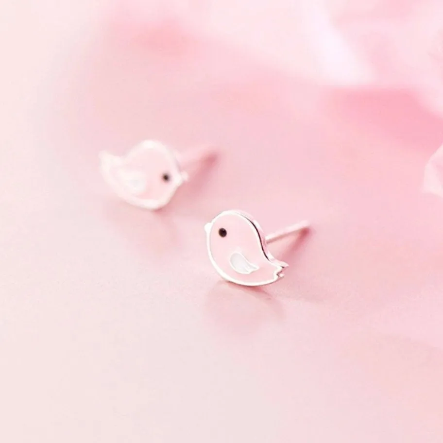 Cute Pink Small Birds Silver Studs Earrings-SS023