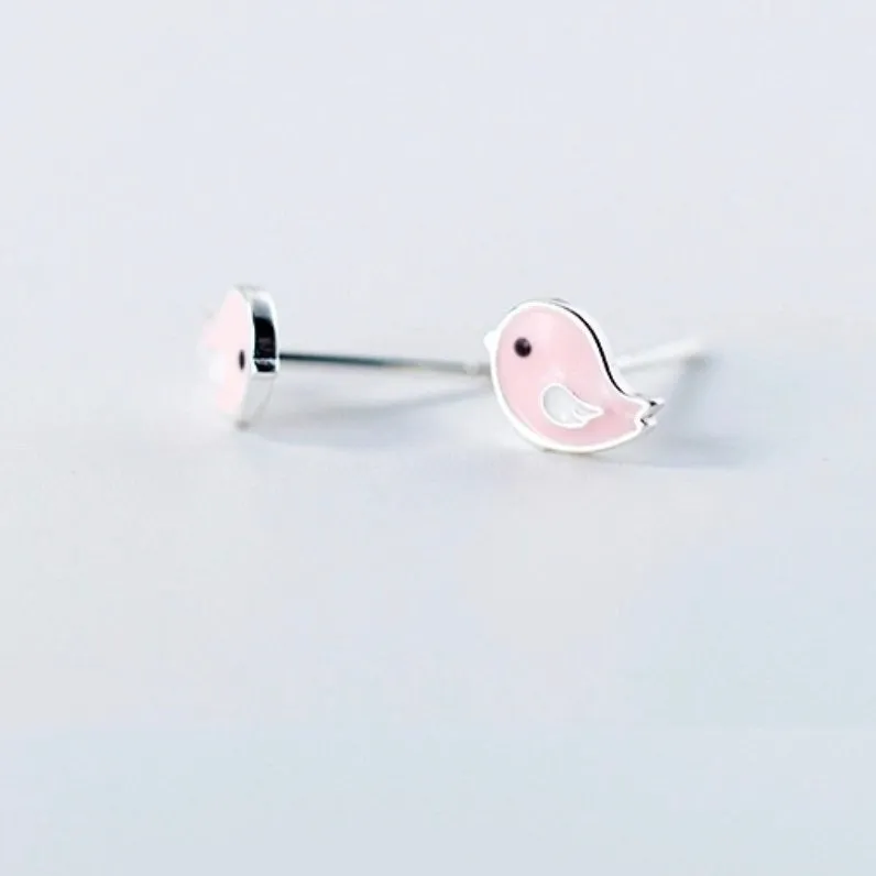 Cute Pink Small Birds Silver Studs Earrings-SS023