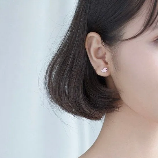 Cute Pink Small Birds Silver Studs Earrings-SS023