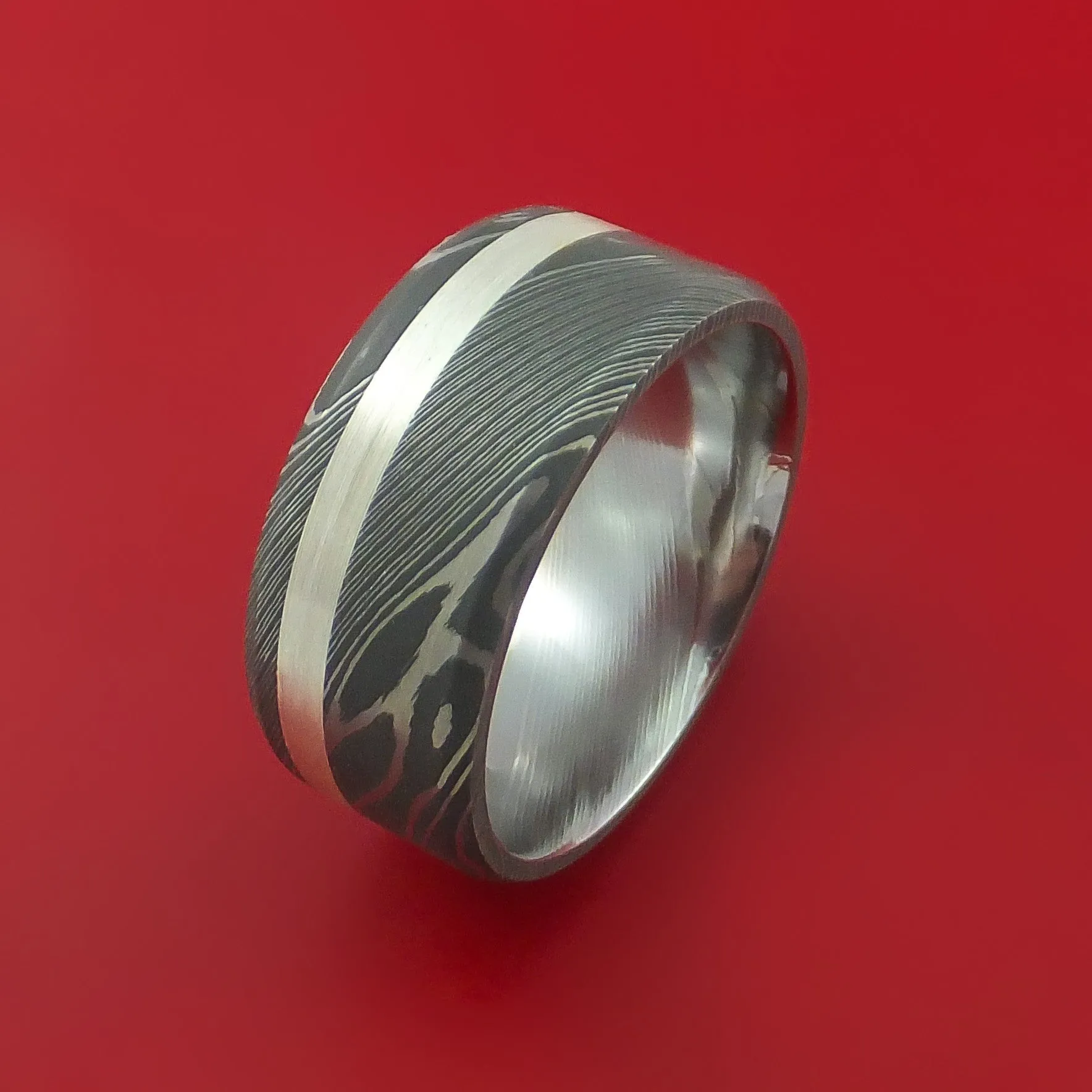 Damascus Steel and Silver Inlay Ring Custom Made Band