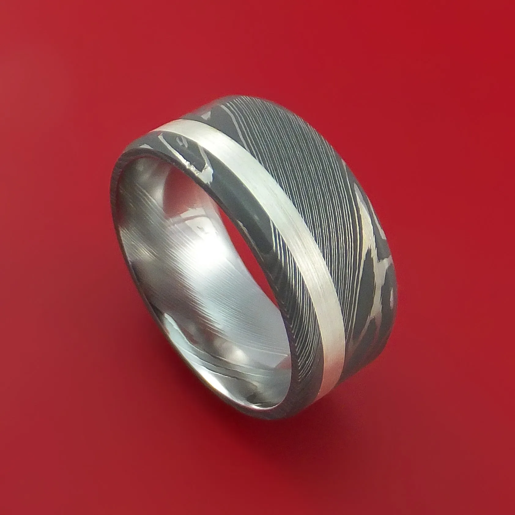 Damascus Steel and Silver Inlay Ring Custom Made Band