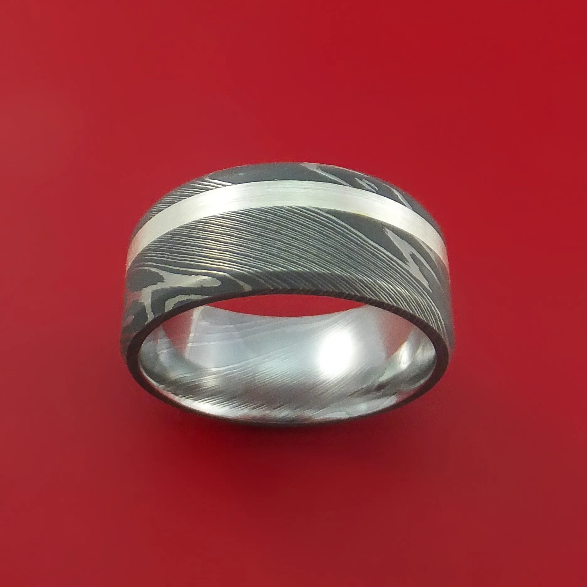 Damascus Steel and Silver Inlay Ring Custom Made Band