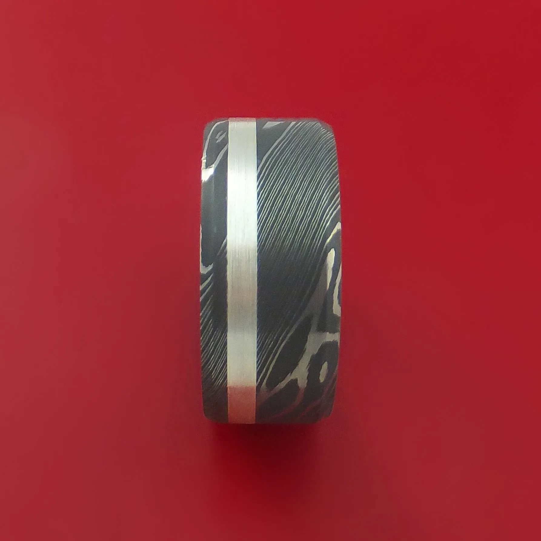 Damascus Steel and Silver Inlay Ring Custom Made Band
